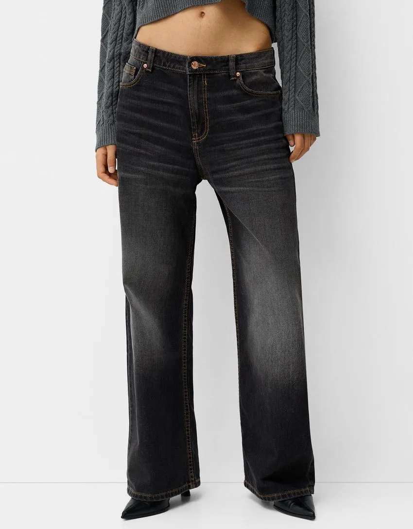 003 BK unisex premium Highwaist Black-wash wide leg baggy jeans