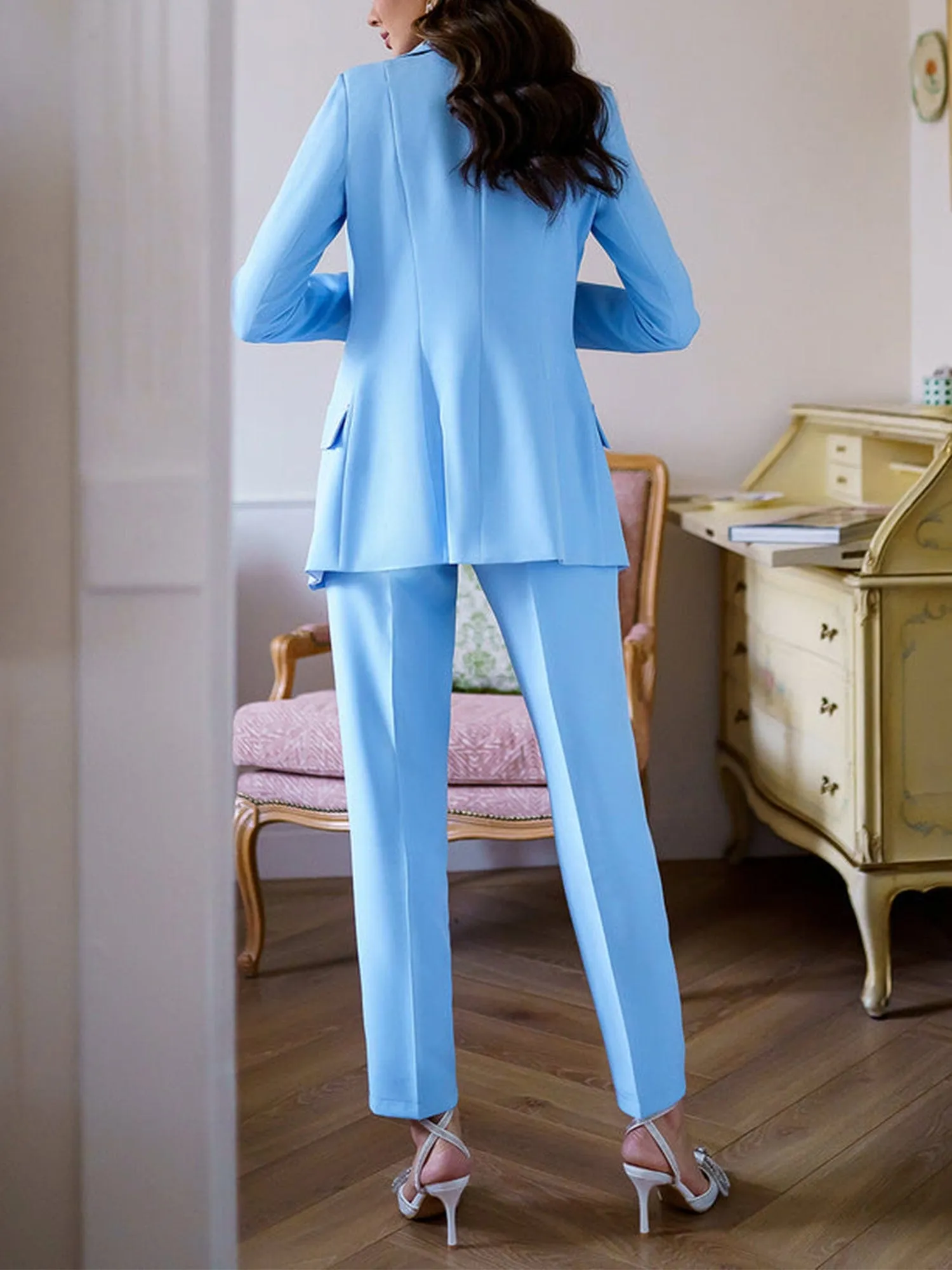 3 Piece Light Blue Peak Lapel Single Button Silm Fit Women's Suit