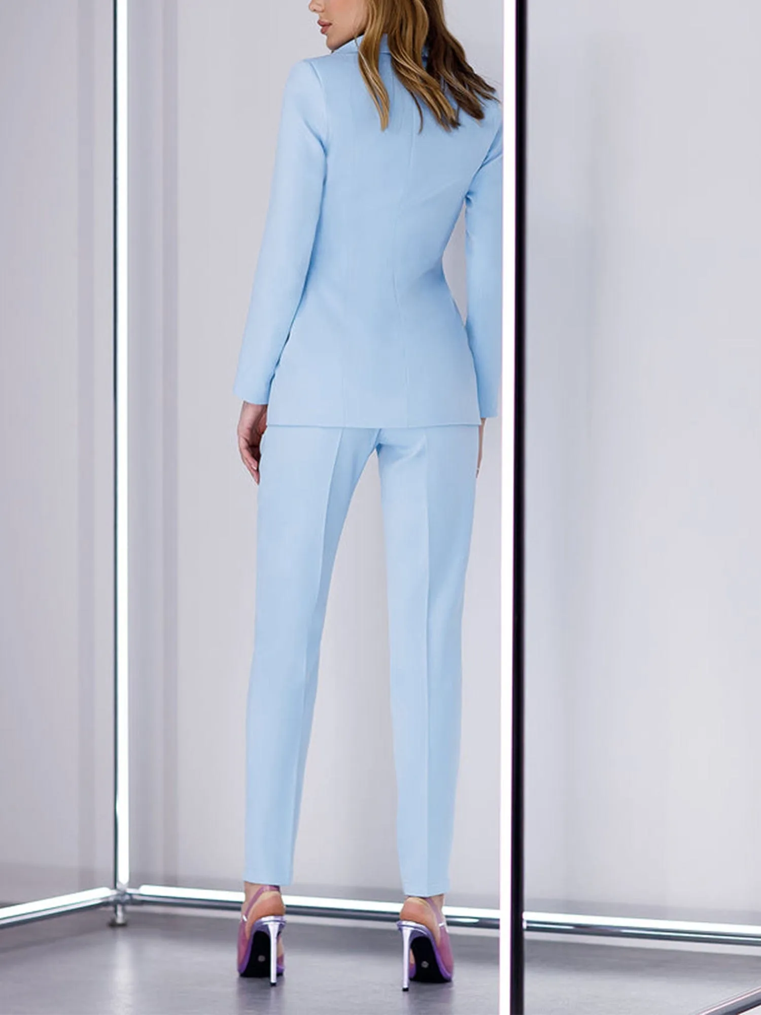3 Piece Light Blue Peak Lapel Single Button Silm Fit Women's Suit
