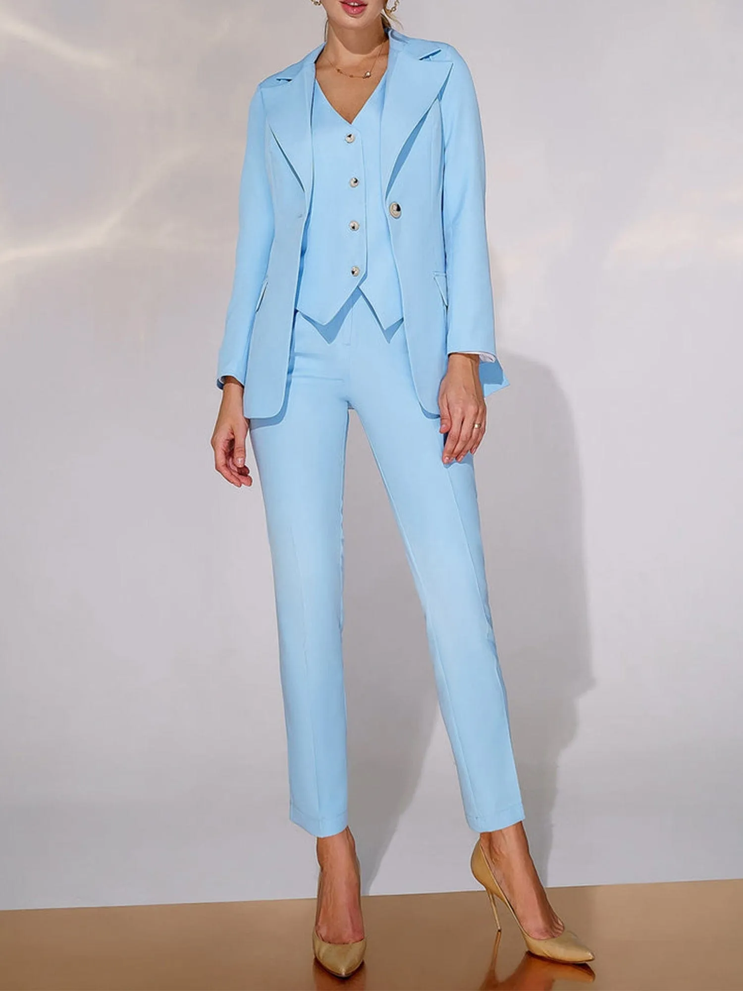 3 Piece Light Blue Peak Lapel Single Button Silm Fit Women's Suit