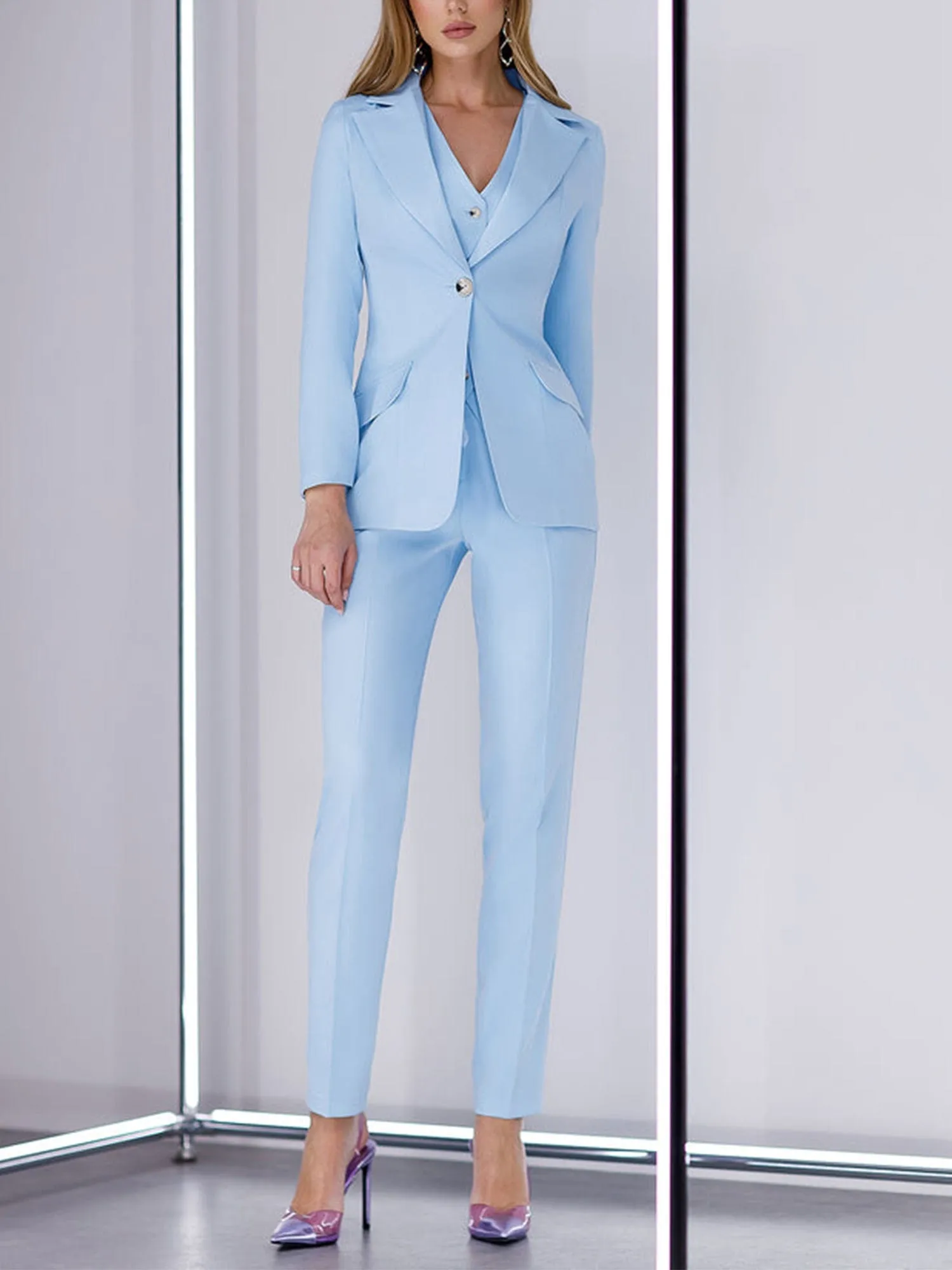 3 Piece Light Blue Peak Lapel Single Button Silm Fit Women's Suit