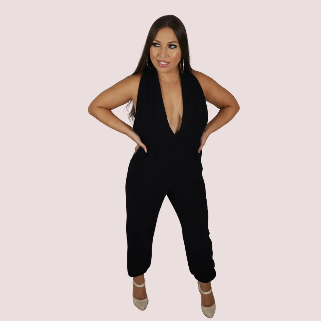 ADDISON LINEN SELF TIE V-NECK HALTER JUMPSUIT