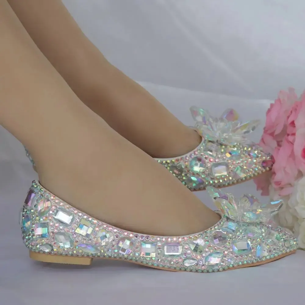 BaoYaFang 2023 New Arrive Silver AB Crystal Wedding Flat Pointed Toe Ladies Party Dress Shoes Woman performance Big Size Flat
