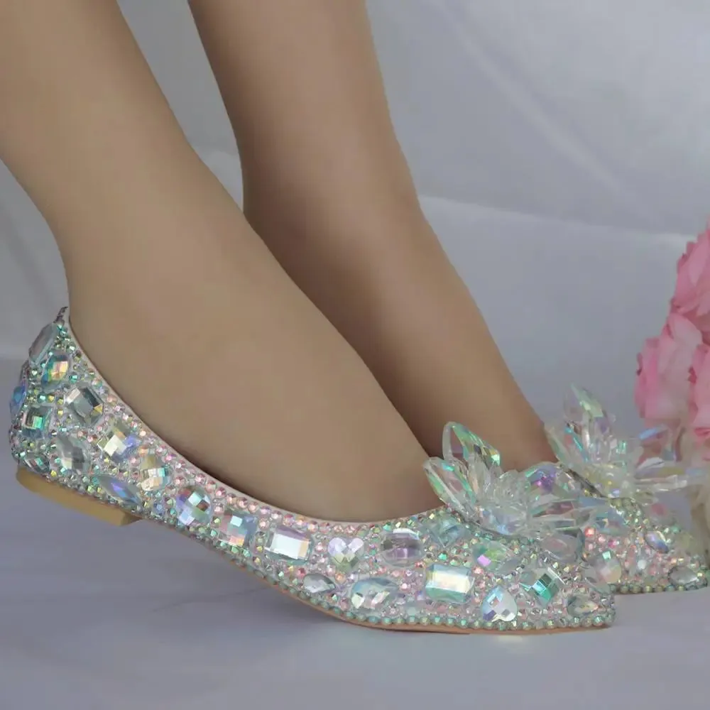 BaoYaFang 2023 New Arrive Silver AB Crystal Wedding Flat Pointed Toe Ladies Party Dress Shoes Woman performance Big Size Flat