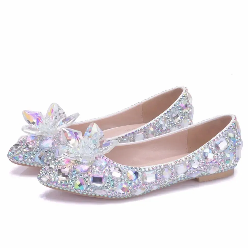 BaoYaFang 2023 New Arrive Silver AB Crystal Wedding Flat Pointed Toe Ladies Party Dress Shoes Woman performance Big Size Flat
