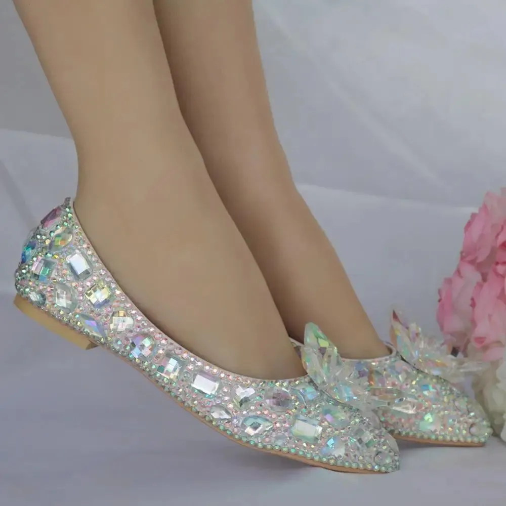 BaoYaFang 2023 New Arrive Silver AB Crystal Wedding Flat Pointed Toe Ladies Party Dress Shoes Woman performance Big Size Flat