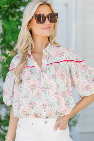 Better Than You Know Pink/Mint Medallion Puff Sleeve Blouse