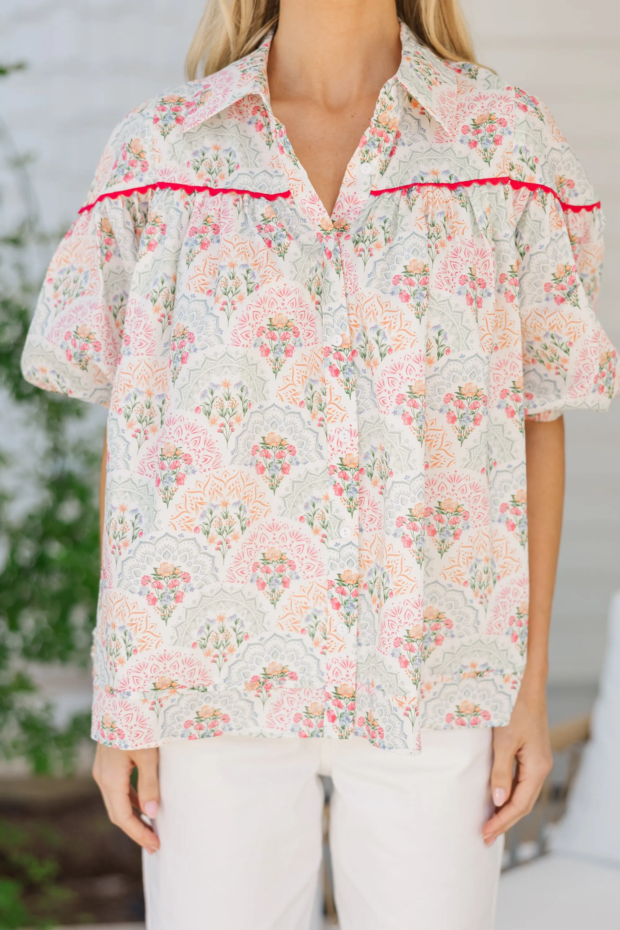 Better Than You Know Pink/Mint Medallion Puff Sleeve Blouse
