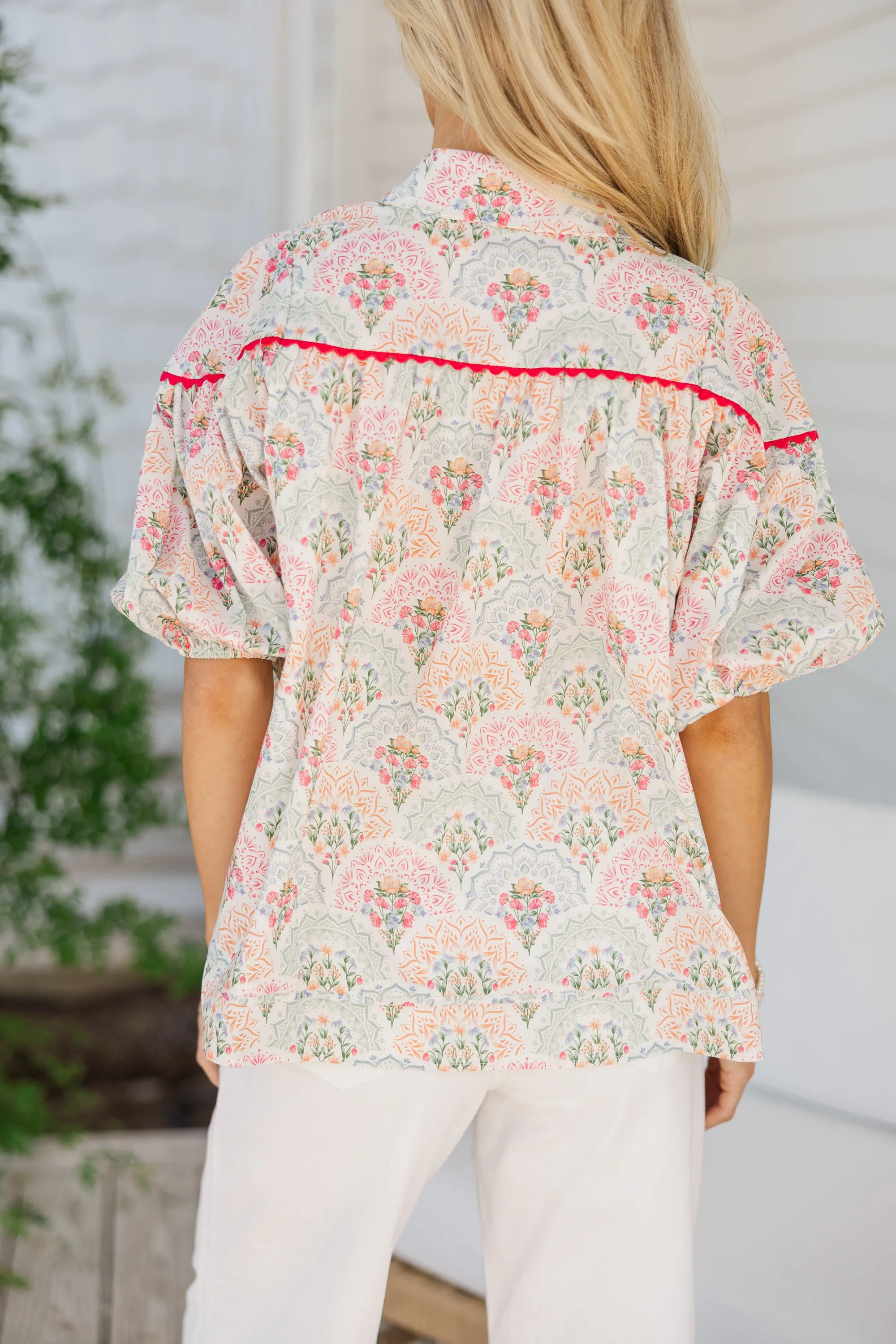 Better Than You Know Pink/Mint Medallion Puff Sleeve Blouse