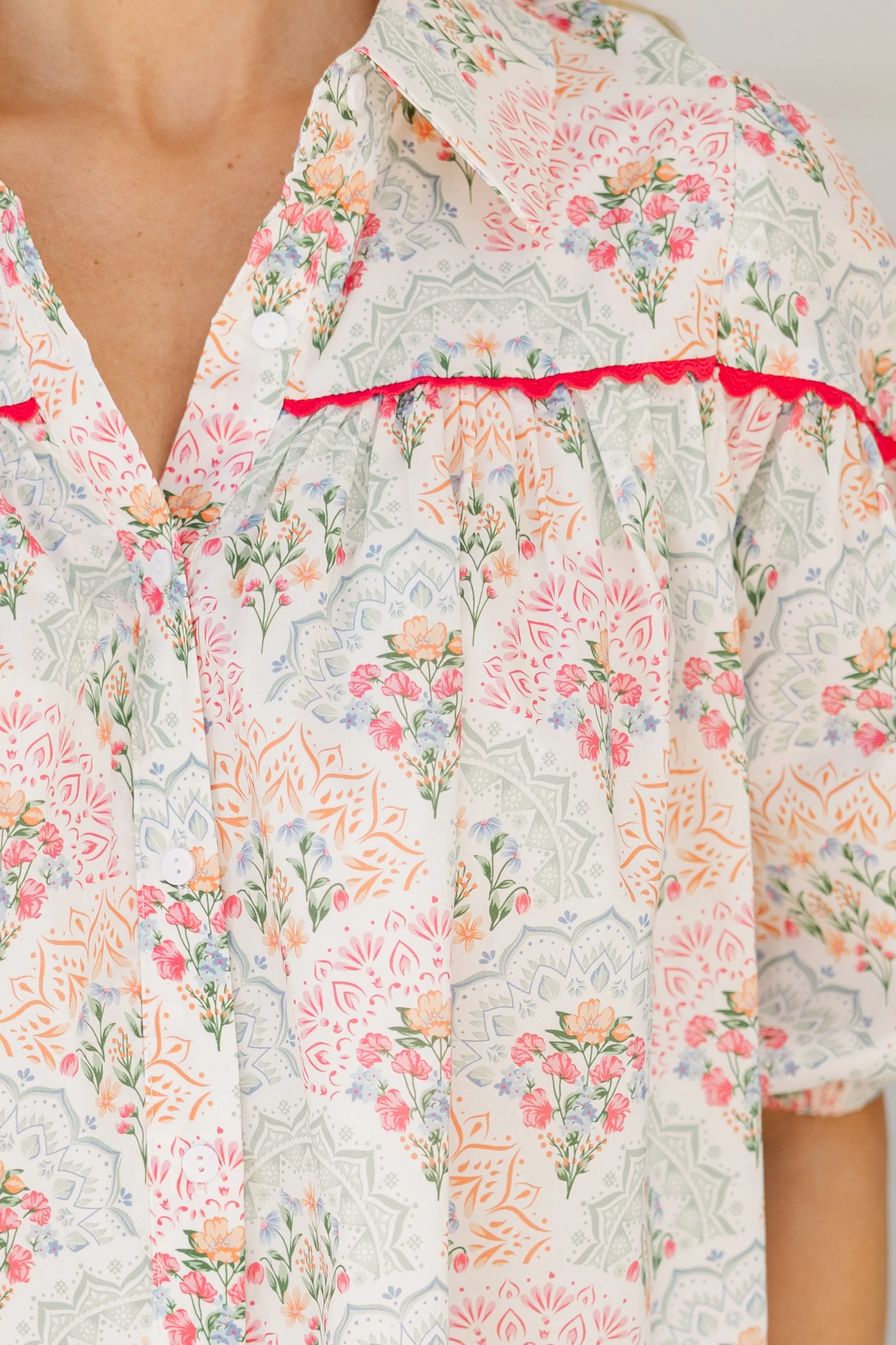 Better Than You Know Pink/Mint Medallion Puff Sleeve Blouse