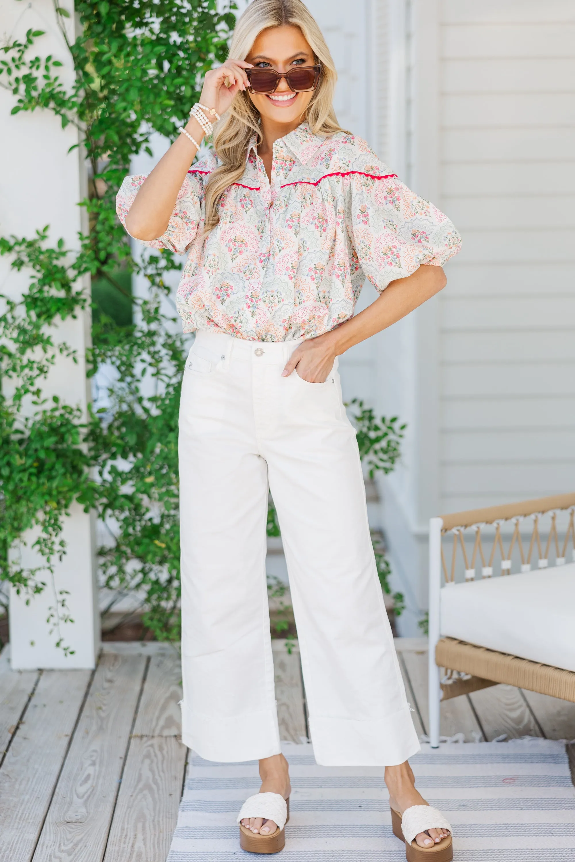 Better Than You Know Pink/Mint Medallion Puff Sleeve Blouse