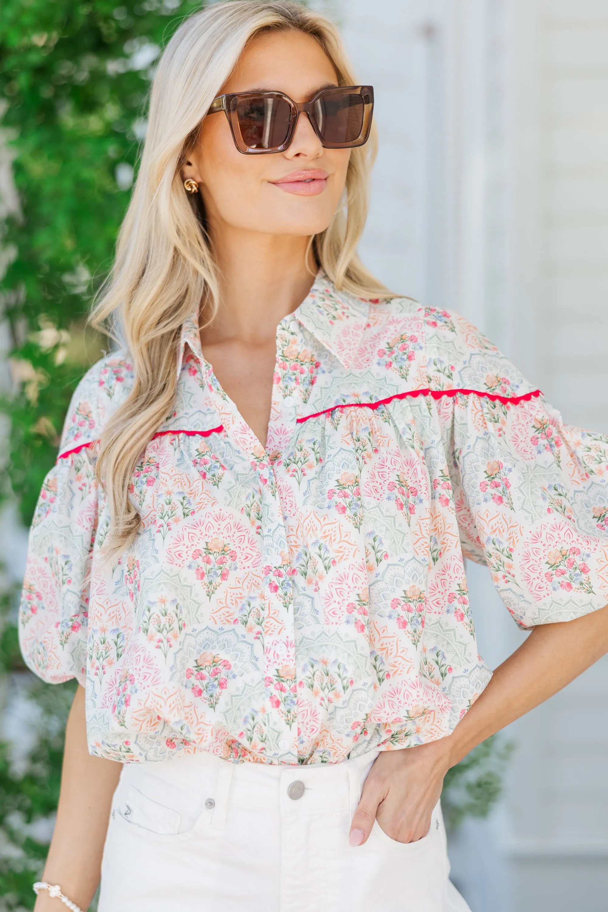 Better Than You Know Pink/Mint Medallion Puff Sleeve Blouse