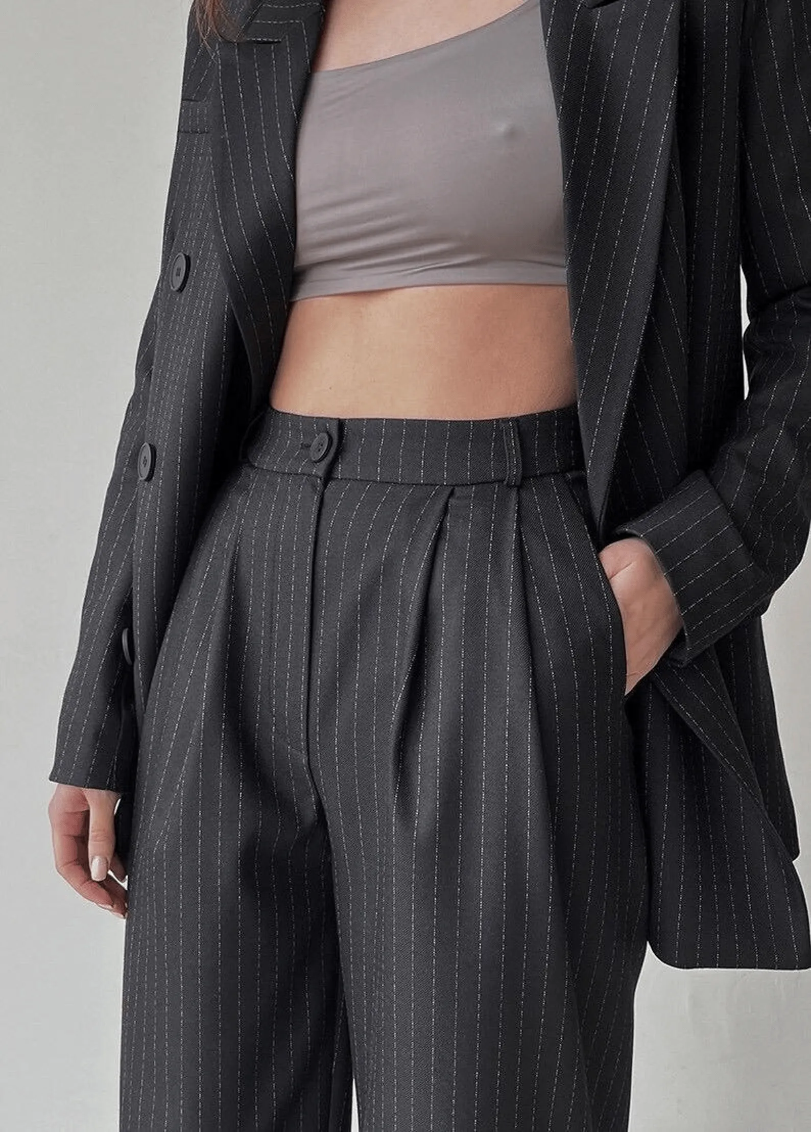 Black 2 Piece Peak Lapel Double Breasted Wide Leg Pants Casual Striped Women's Suit