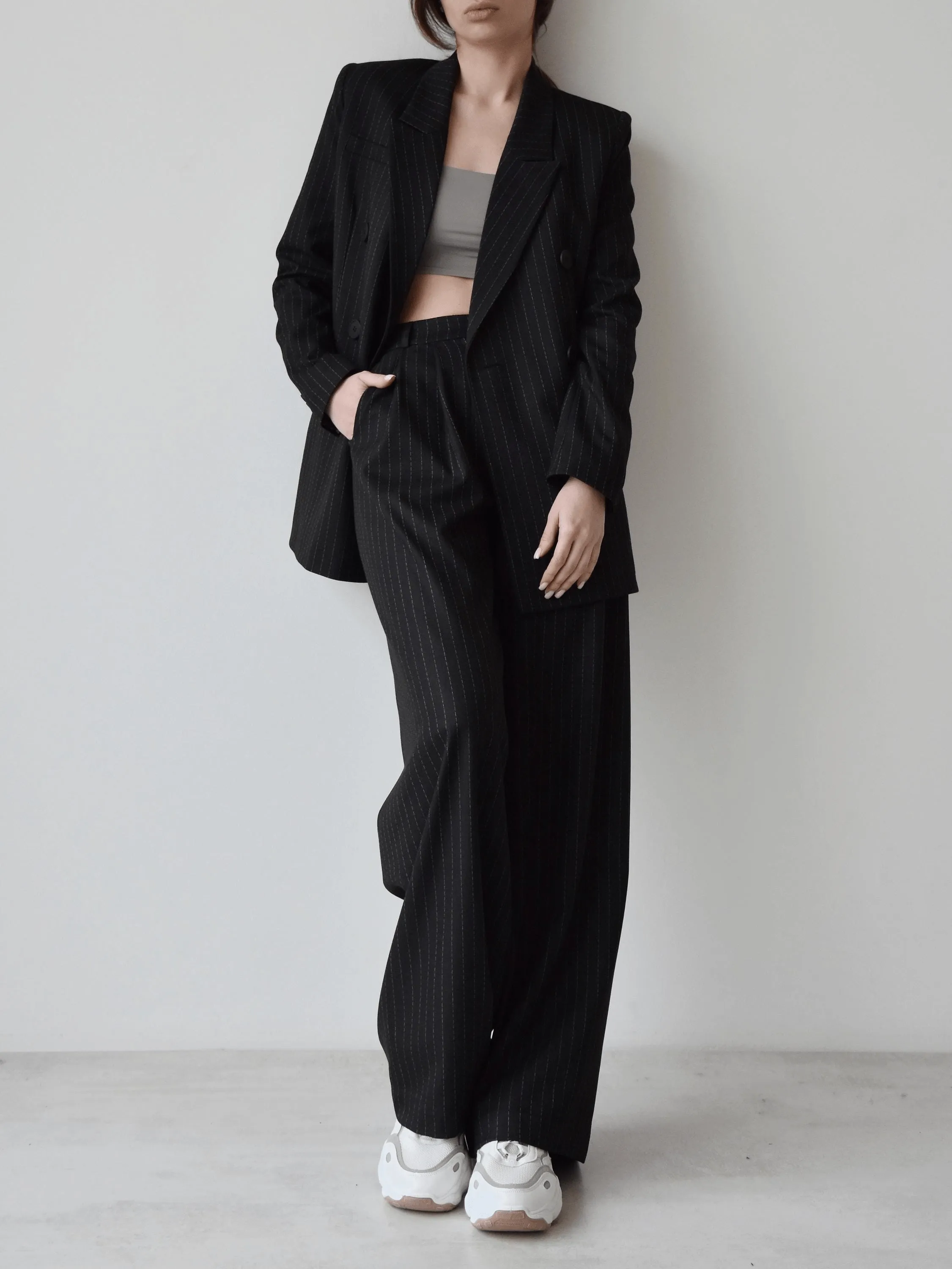 Black 2 Piece Peak Lapel Double Breasted Wide Leg Pants Casual Striped Women's Suit