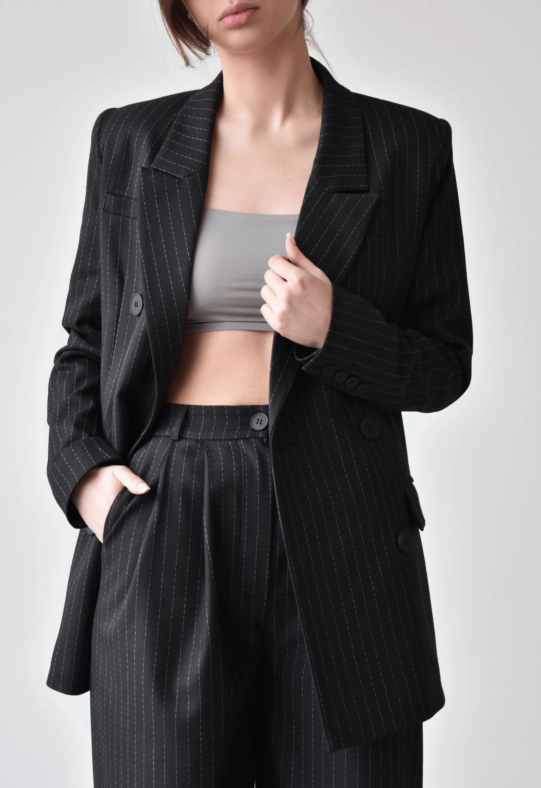 Black 2 Piece Peak Lapel Double Breasted Wide Leg Pants Casual Striped Women's Suit