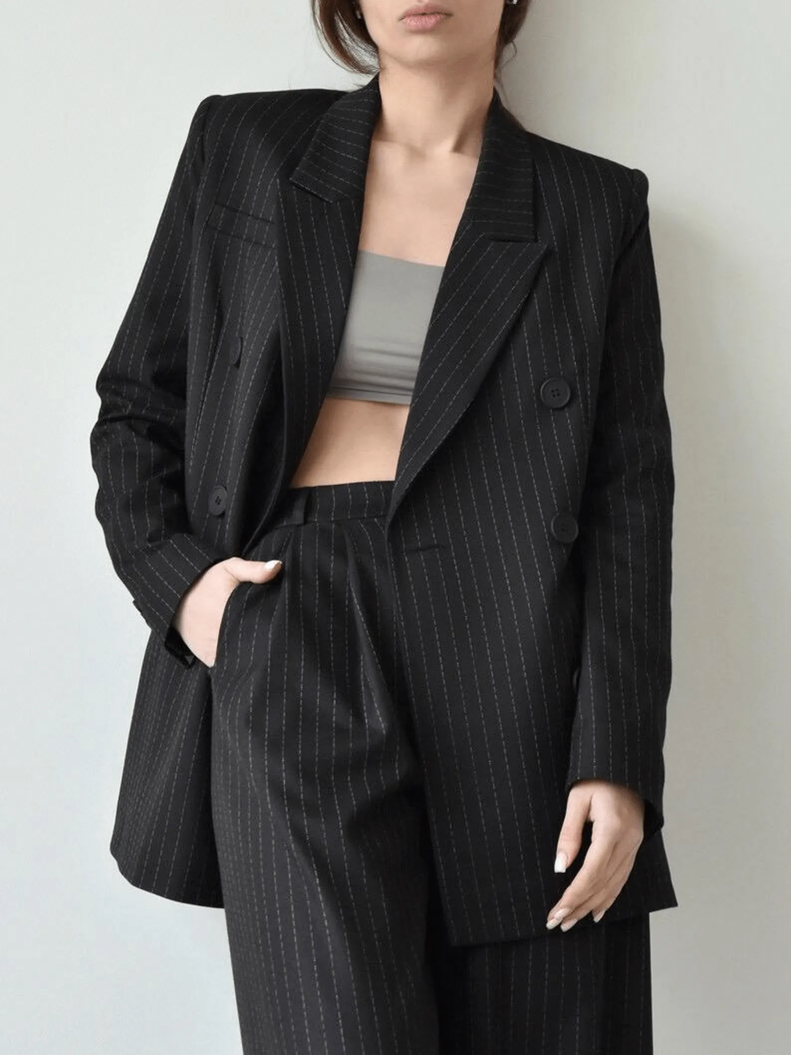 Black 2 Piece Peak Lapel Double Breasted Wide Leg Pants Casual Striped Women's Suit
