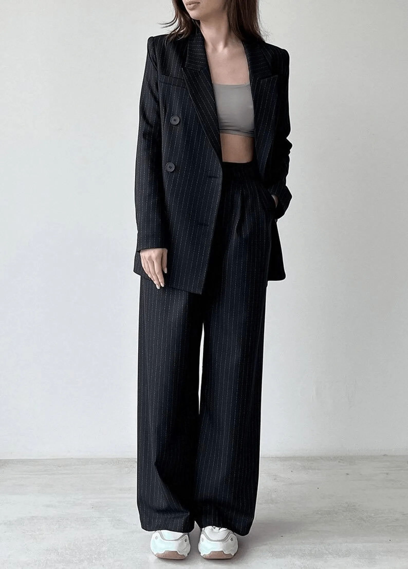 Black 2 Piece Peak Lapel Double Breasted Wide Leg Pants Casual Striped Women's Suit