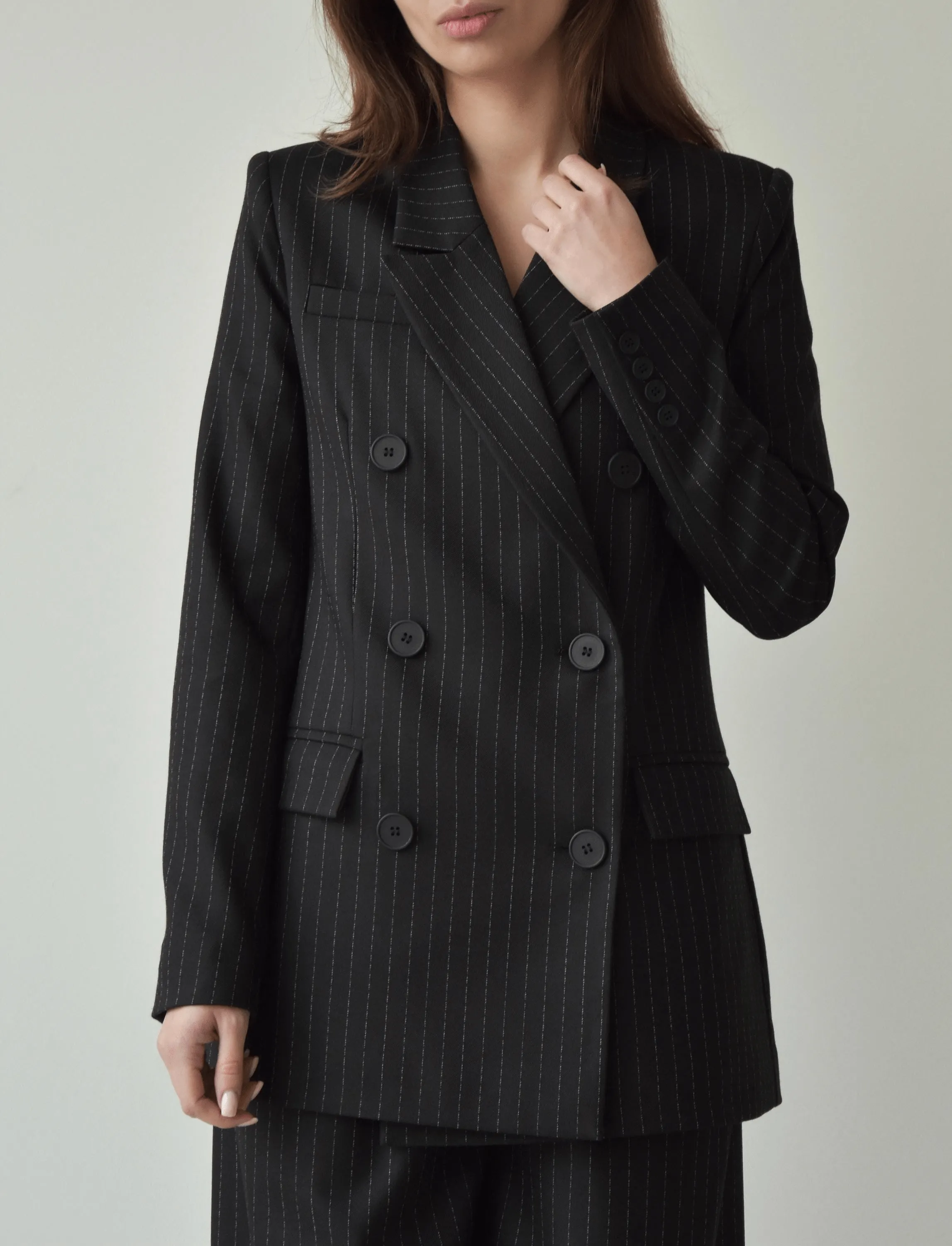 Black 2 Piece Peak Lapel Double Breasted Wide Leg Pants Casual Striped Women's Suit