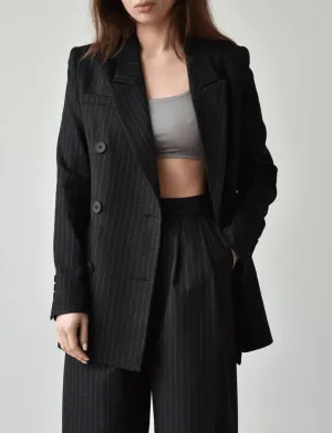 Black 2 Piece Peak Lapel Double Breasted Wide Leg Pants Casual Striped Women's Suit