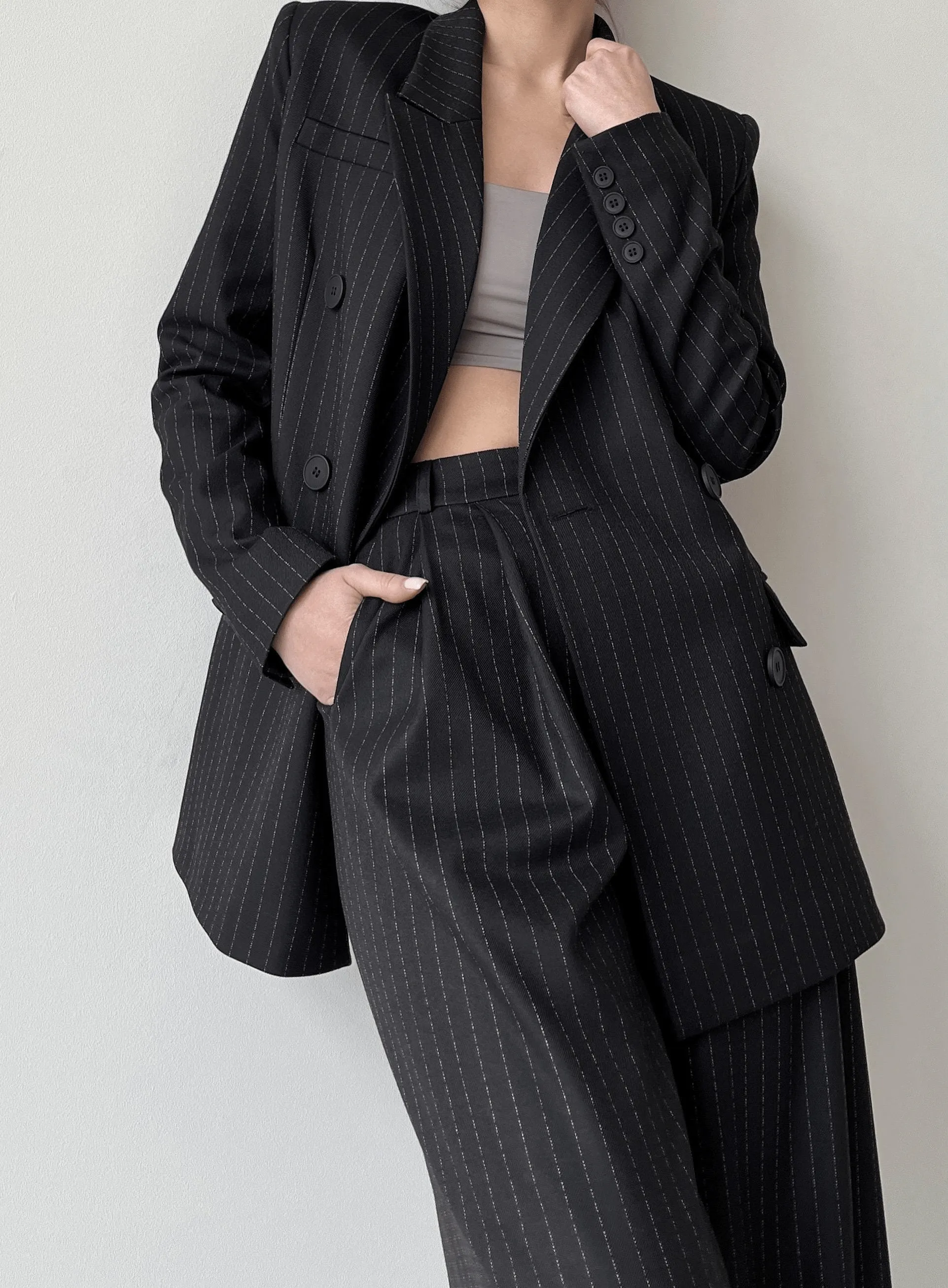 Black 2 Piece Peak Lapel Double Breasted Wide Leg Pants Casual Striped Women's Suit