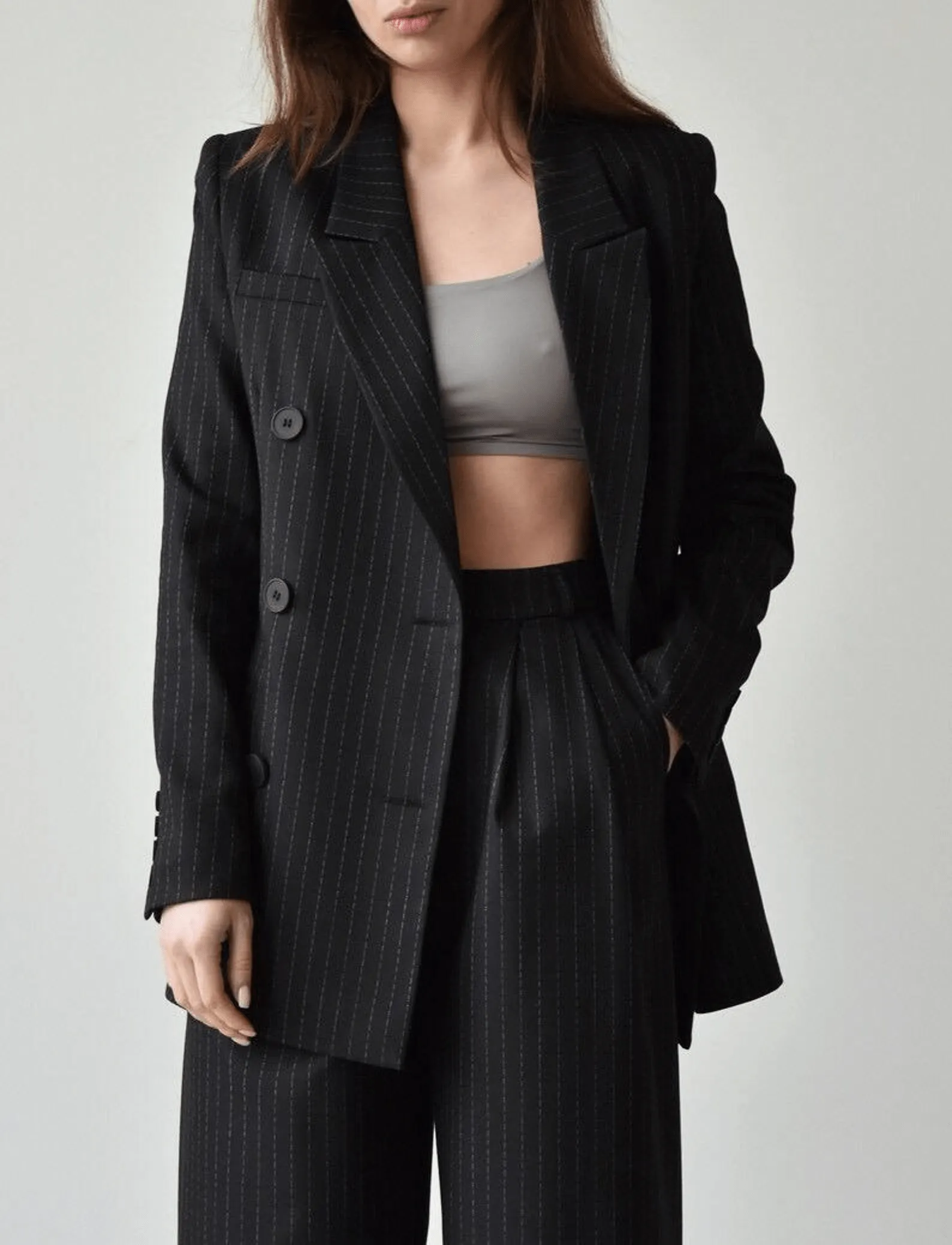 Black 2 Piece Peak Lapel Double Breasted Wide Leg Pants Casual Striped Women's Suit