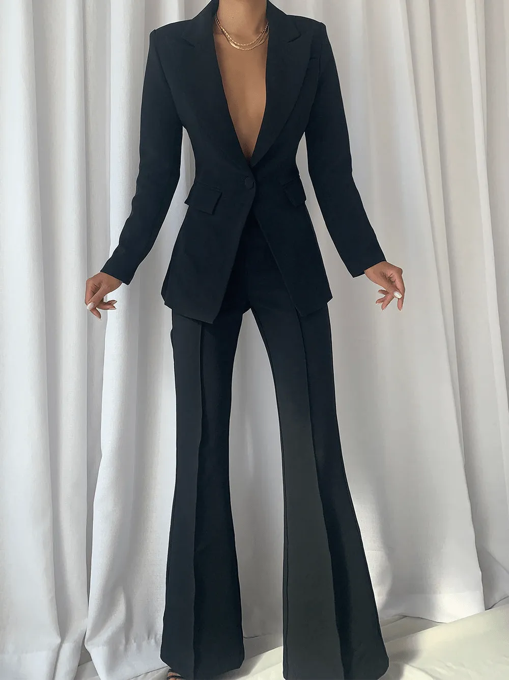 Black 2 Piece Peak Lapel Single Breasted Slim Fit Women's Suit