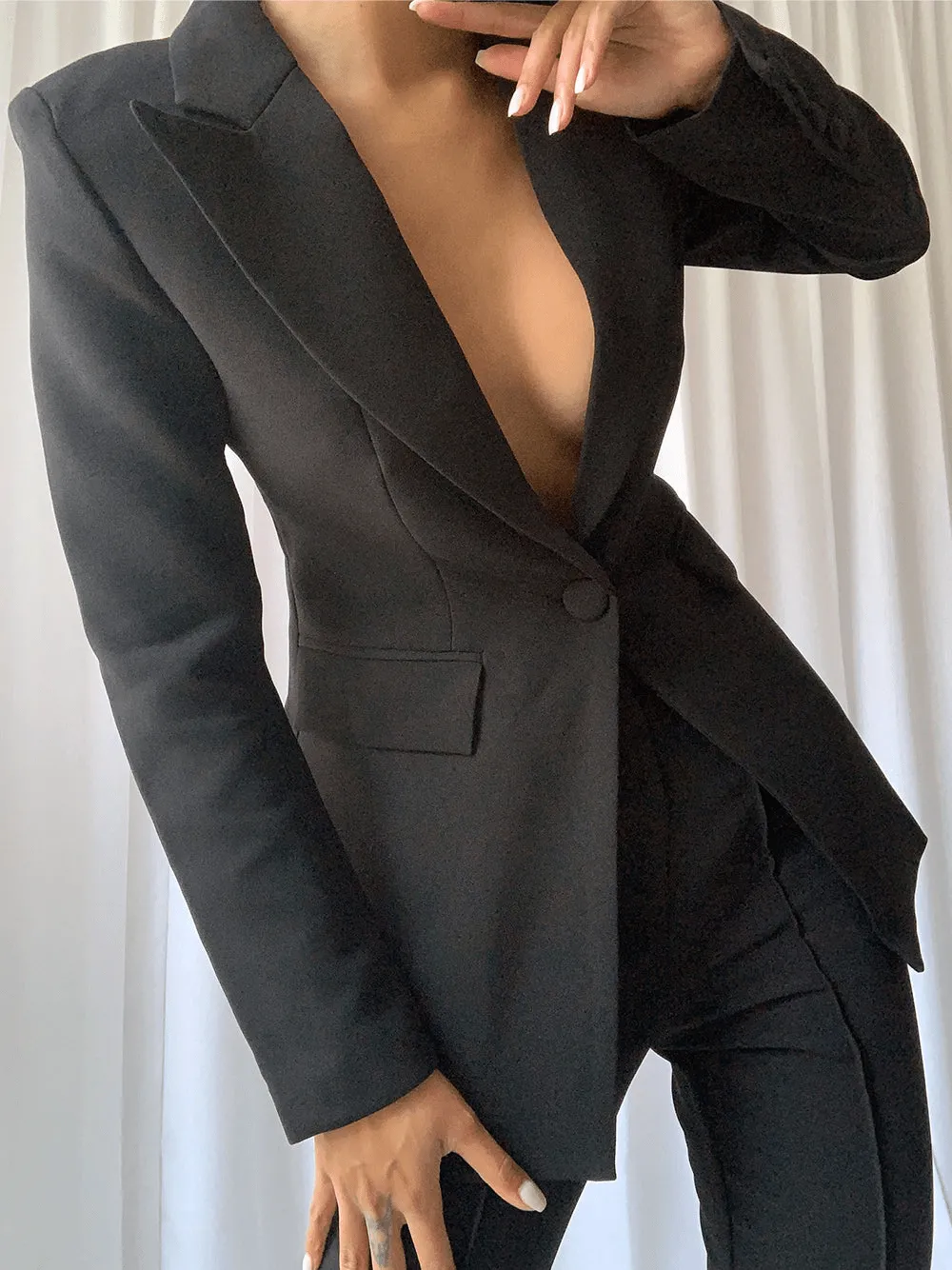 Black 2 Piece Peak Lapel Single Breasted Slim Fit Women's Suit