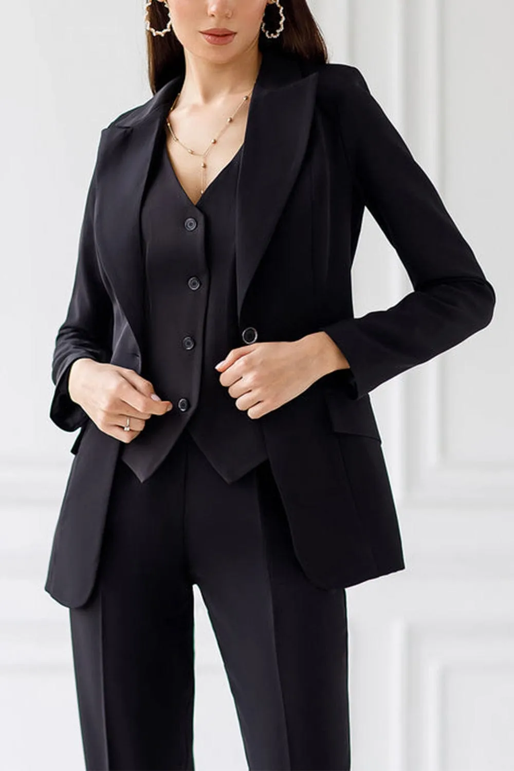 Black 3 Piece Single Buttons Peak Lapel Women Suit (Blazer Vest Pants)