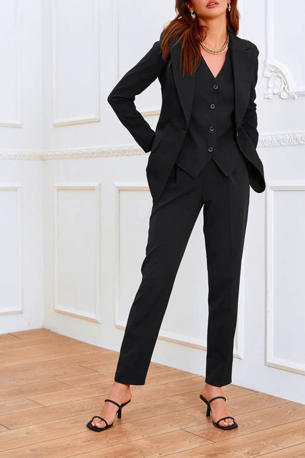 Black 3 Piece Single Buttons Peak Lapel Women Suit (Blazer Vest Pants)