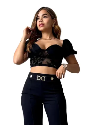Black Damask Crop Top