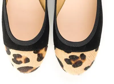 Black suede ballet flats with leopard spotted toe