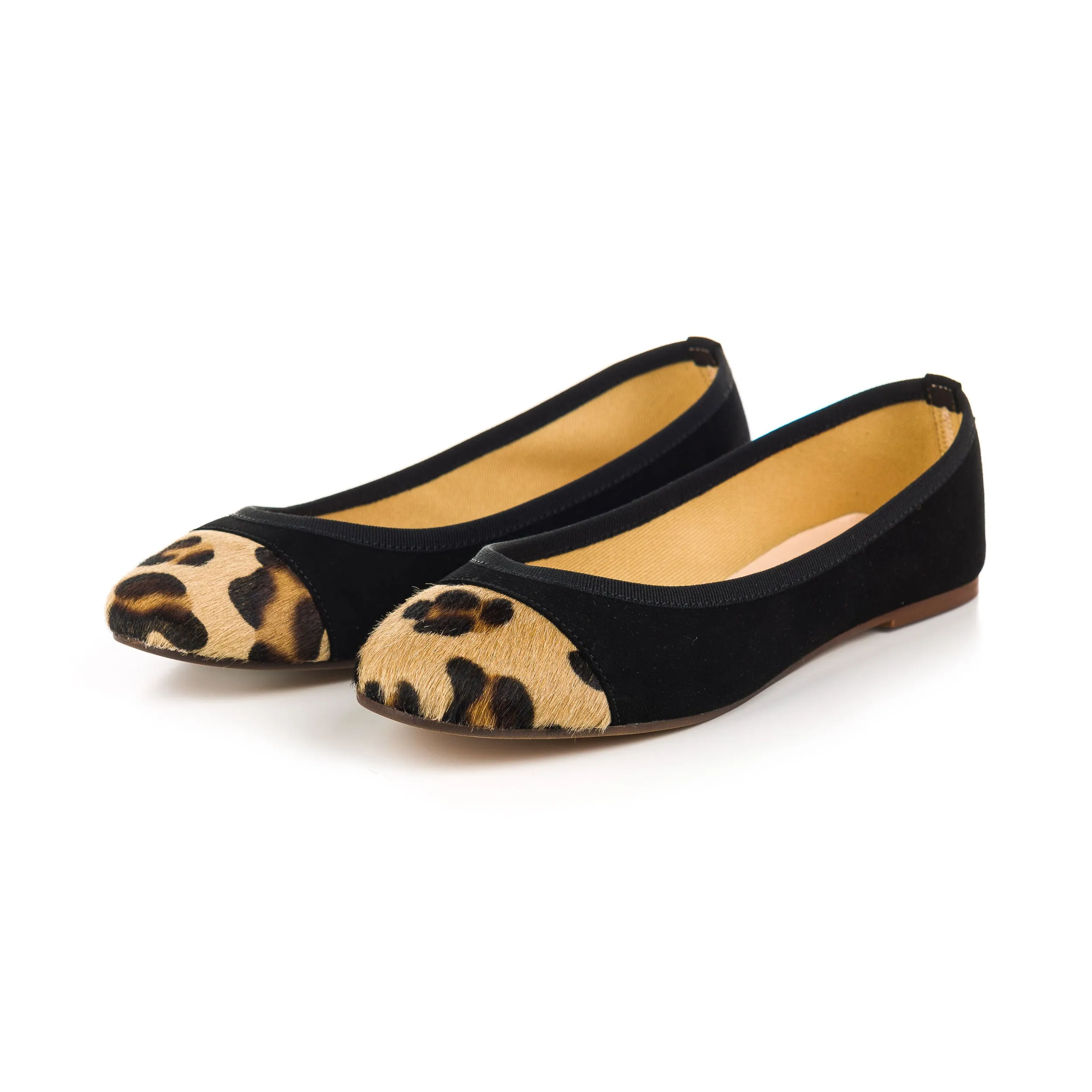 Black suede ballet flats with leopard spotted toe