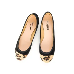 Black suede ballet flats with leopard spotted toe