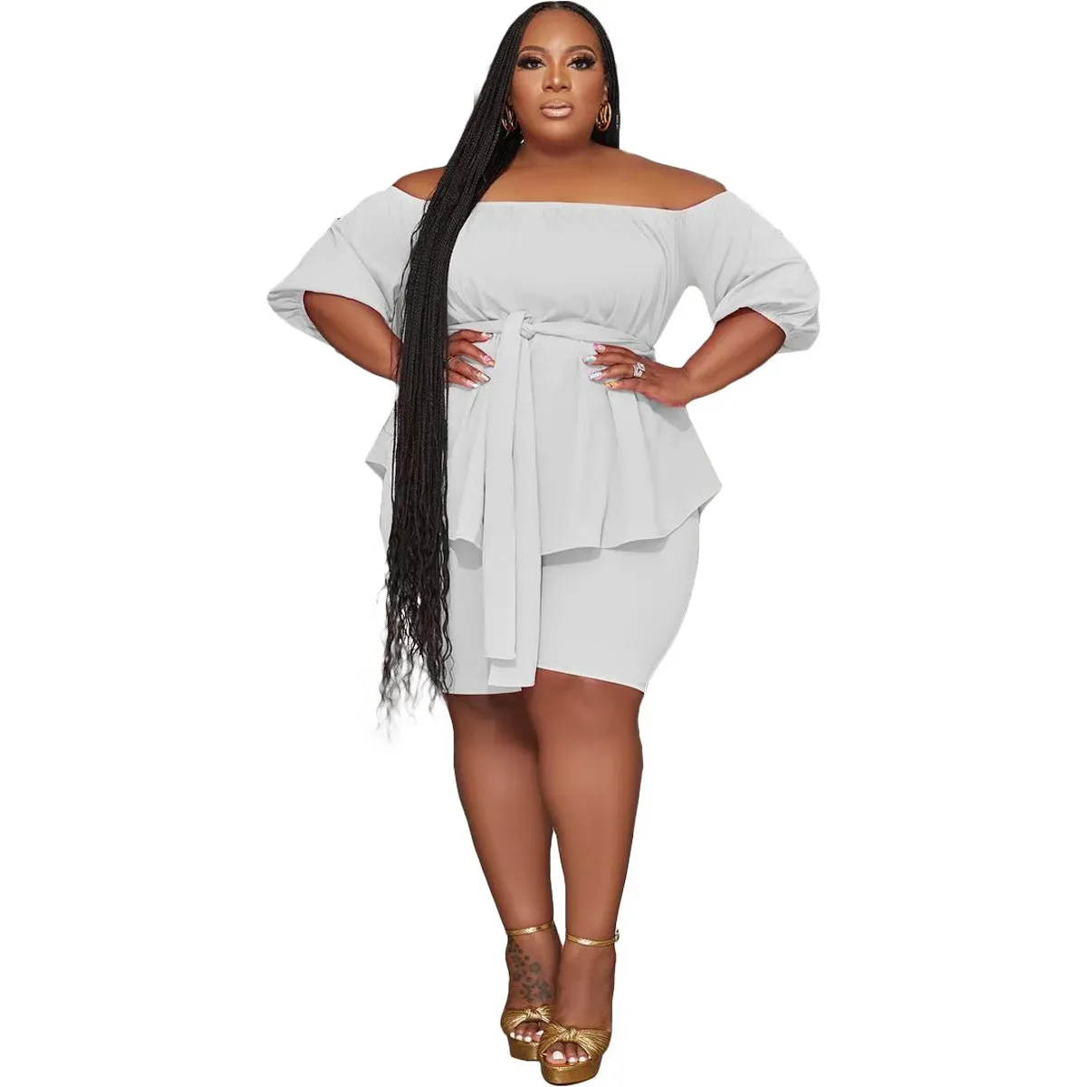 Blaze Plus Size Off-Shoulder Belted Top and Shorts Set