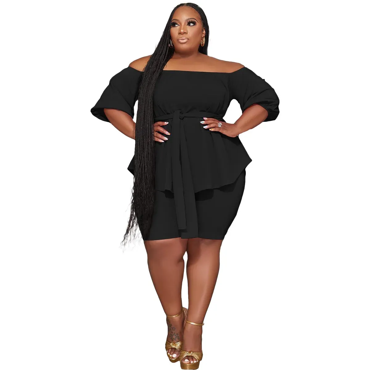 Blaze Plus Size Off-Shoulder Belted Top and Shorts Set