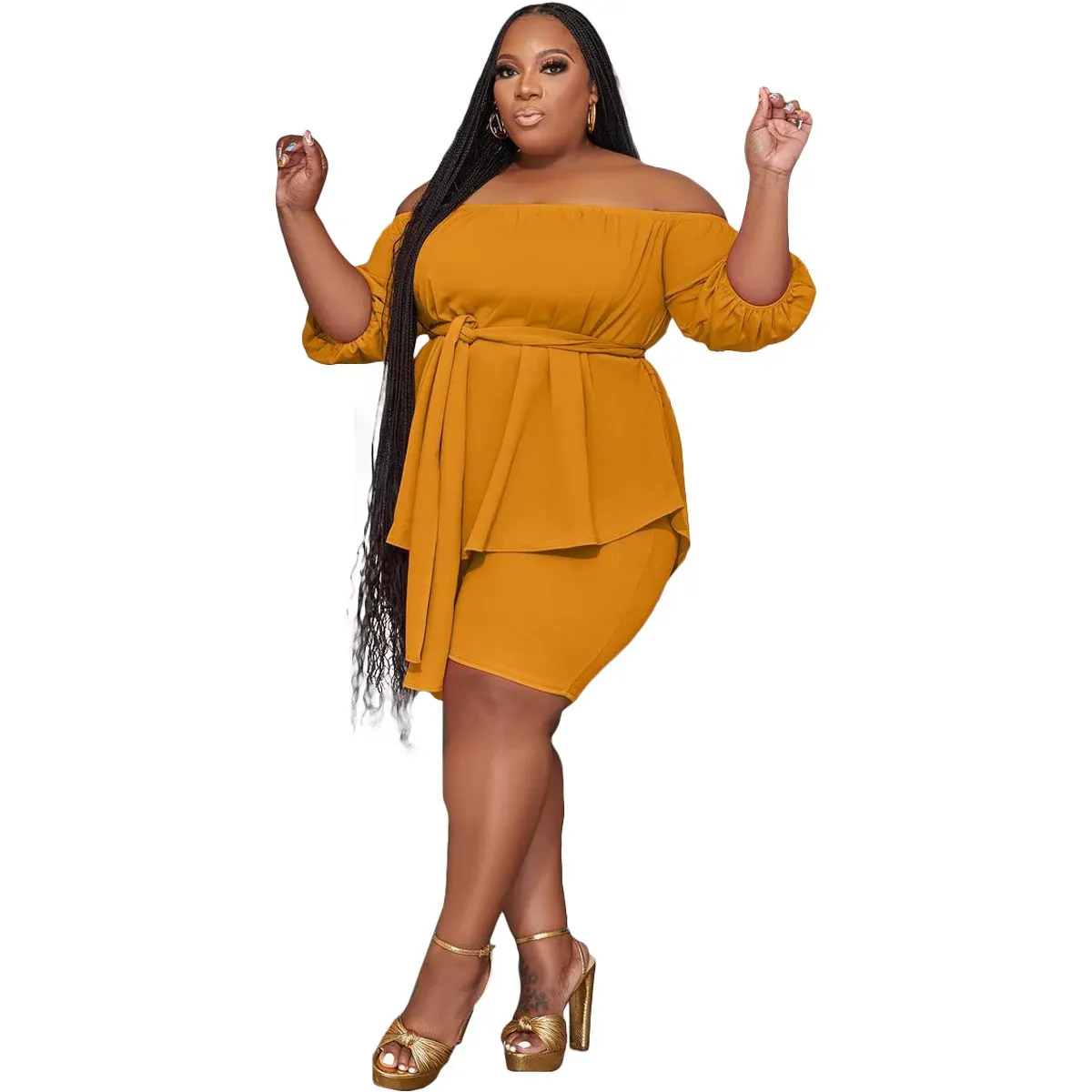 Blaze Plus Size Off-Shoulder Belted Top and Shorts Set