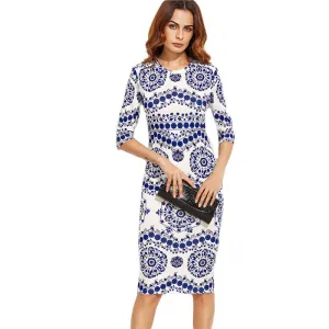 Blue And White Porcelain Print Slim Pencil Dress Office Ladies Work Wear Round Neck 3/4 Sleeve Midi Dress