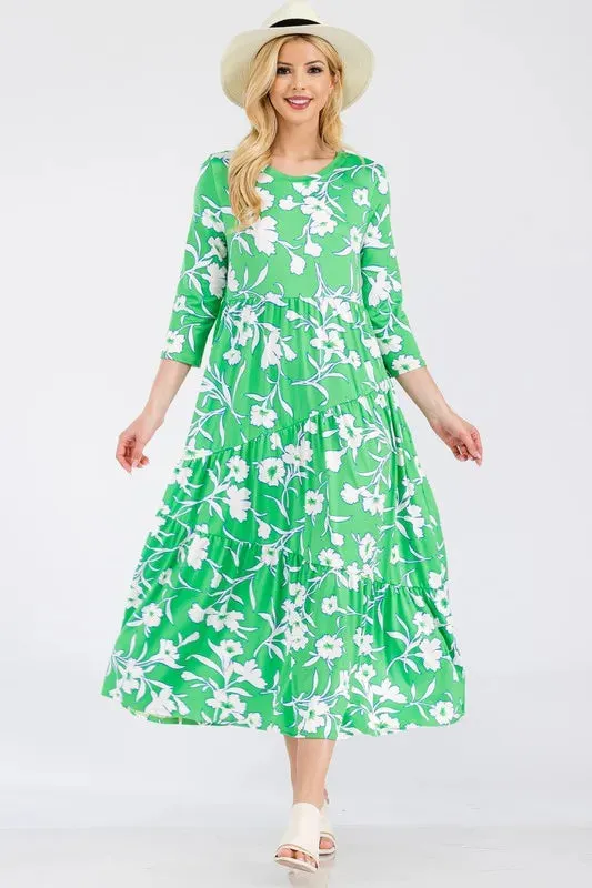 Celeste Full Size Floral Print Asymmetric Tiered Midi-Dress Plus Size