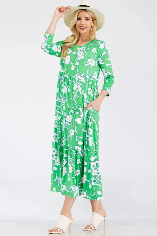 Celeste Full Size Floral Print Asymmetric Tiered Midi-Dress Plus Size