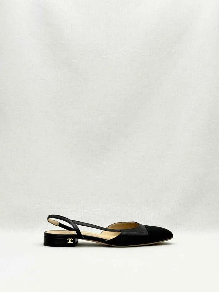 CHANEL Slingback Black Cap Toe Ballet Flats 35.5