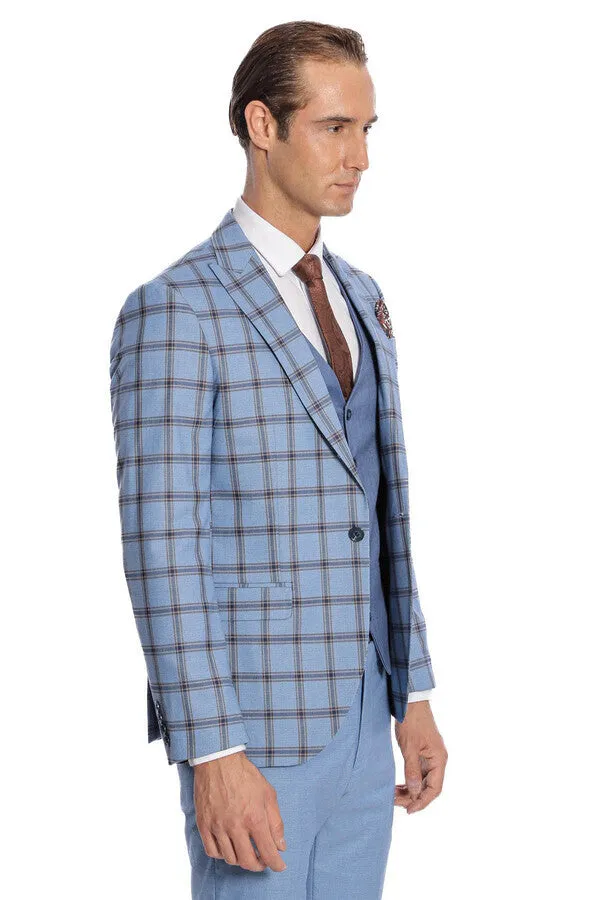 Checked Patterned Slim Fit Blue Men Suit - Wessi