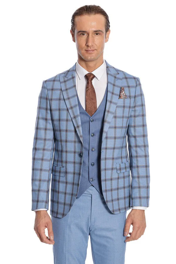 Checked Patterned Slim Fit Blue Men Suit - Wessi