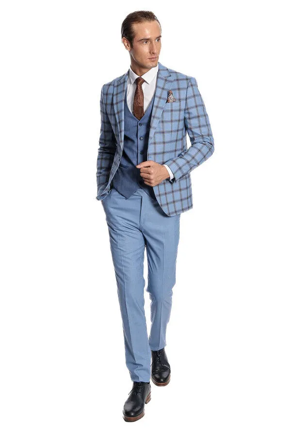 Checked Patterned Slim Fit Blue Men Suit - Wessi
