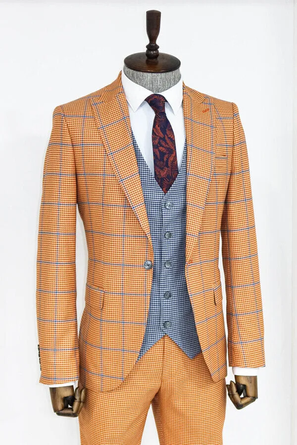 Checked Patterned Slim Fit Orange Men Suit - Wessi