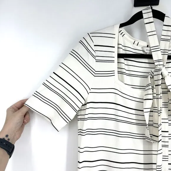 Club Monaco Striped Square Neck Knit Midi Dress Ivory Egret Black Large