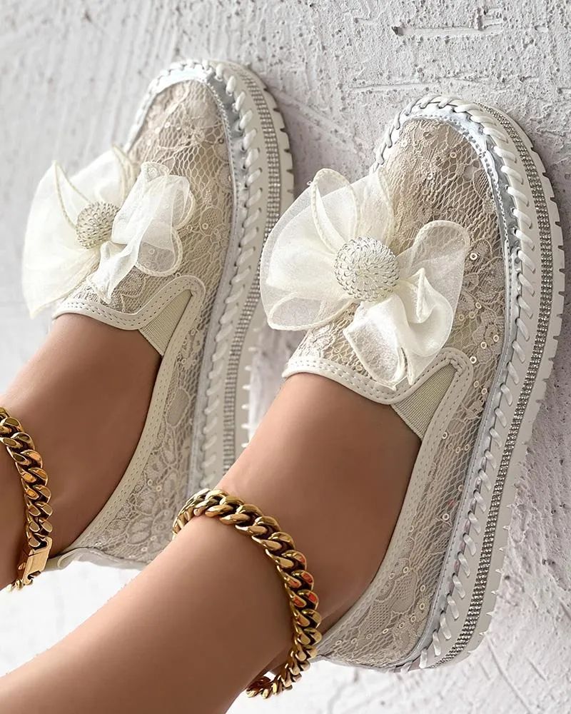 Contrast Sequin Breathable Bowknot Decor Loafers