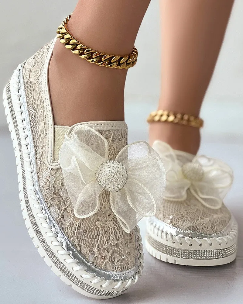 Contrast Sequin Breathable Bowknot Decor Loafers