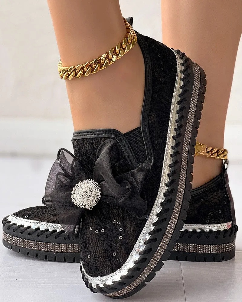 Contrast Sequin Breathable Bowknot Decor Loafers