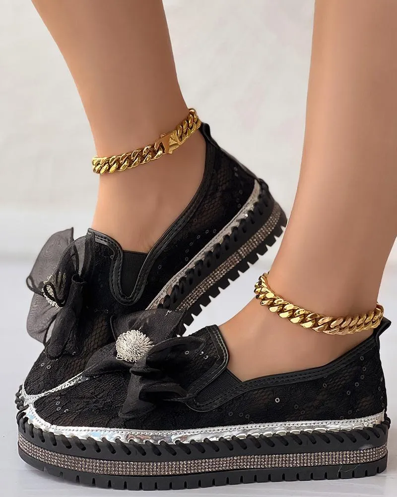 Contrast Sequin Breathable Bowknot Decor Loafers