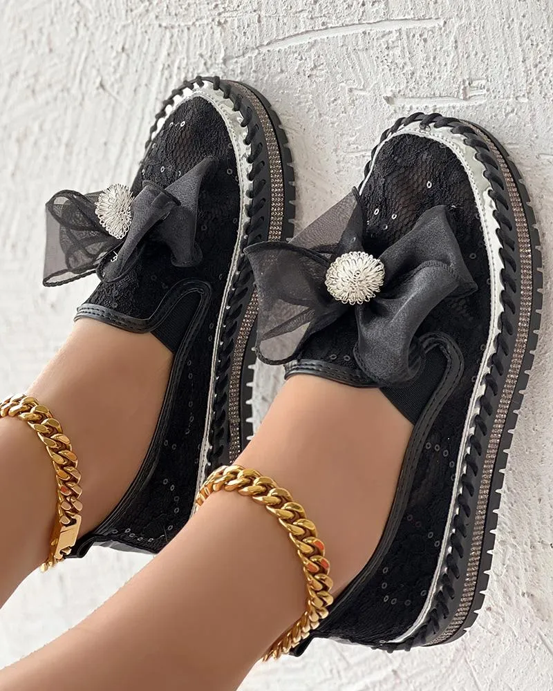 Contrast Sequin Breathable Bowknot Decor Loafers